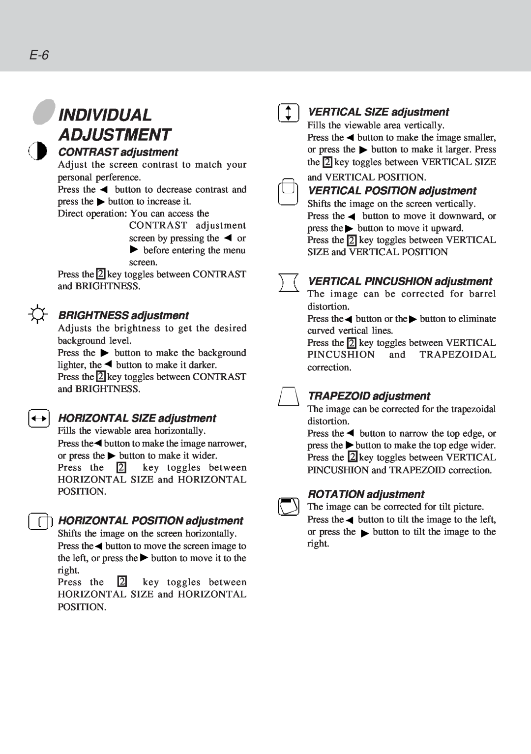 Lenovo C72 manual Individual Adjustment, CONTRAST adjustment, BRIGHTNESS adjustment, HORIZONTAL SIZE adjustment 