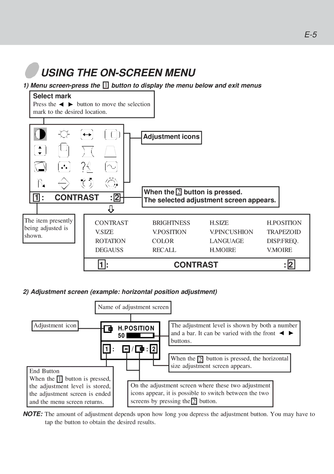 Lenovo C72 manual Using the ON-SCREEN Menu, Adjustment screen example horizontal position adjustment 