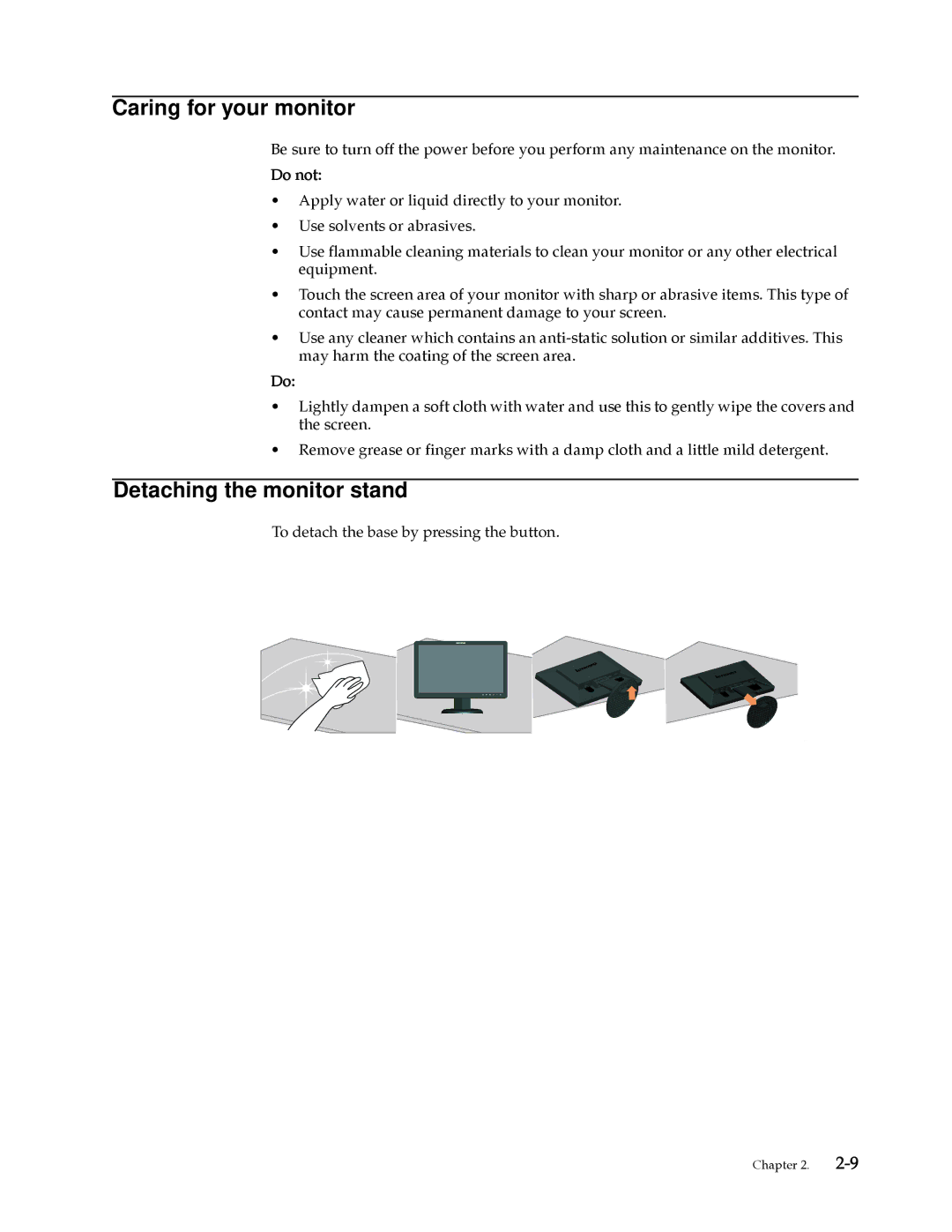 Lenovo D185 manual Caring for your monitor, Detaching the monitor stand 