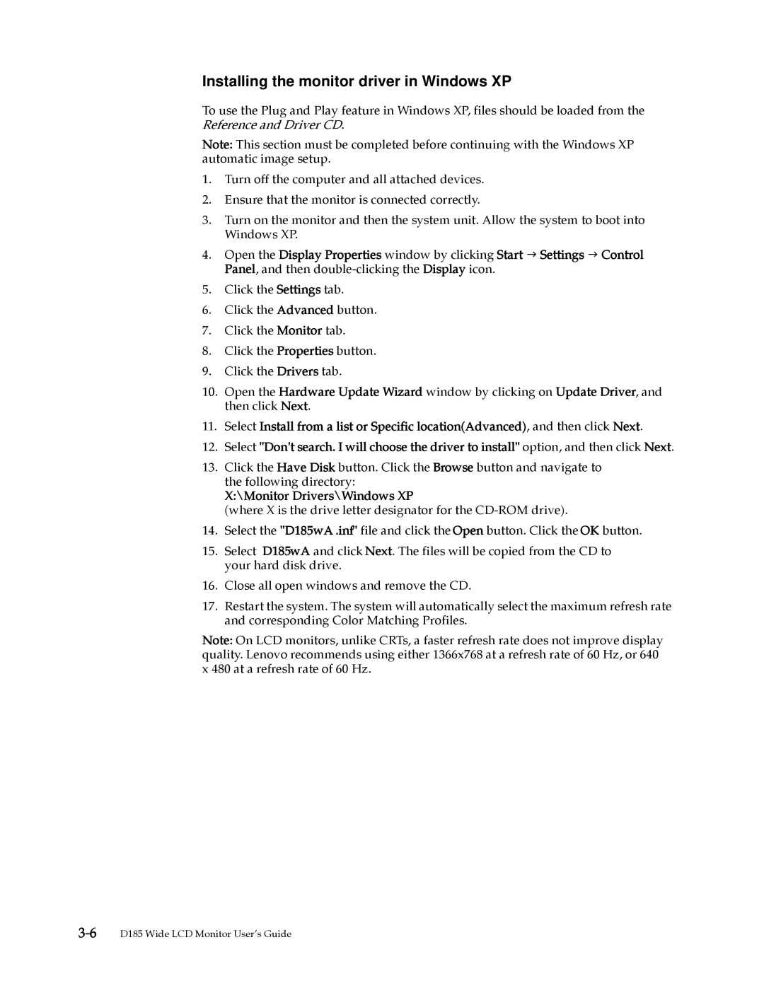 Lenovo D185 manual Installing the monitor driver in Windows XP 