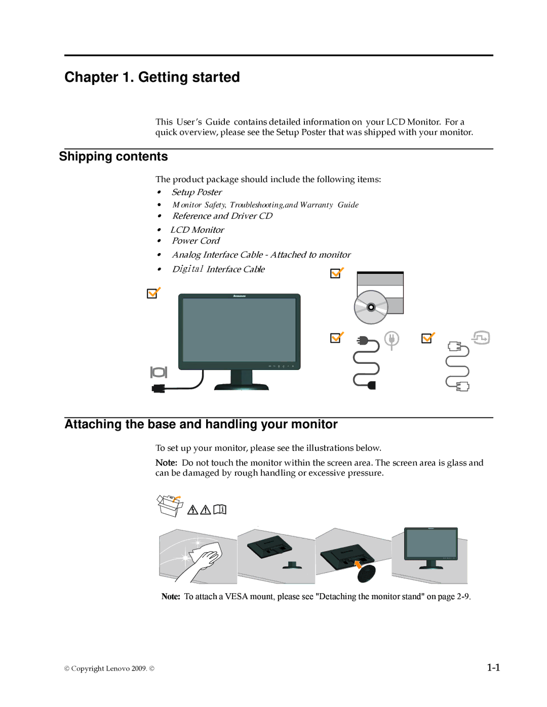 Lenovo D185 manual Shipping contents, Attaching the base and handling your monitor 