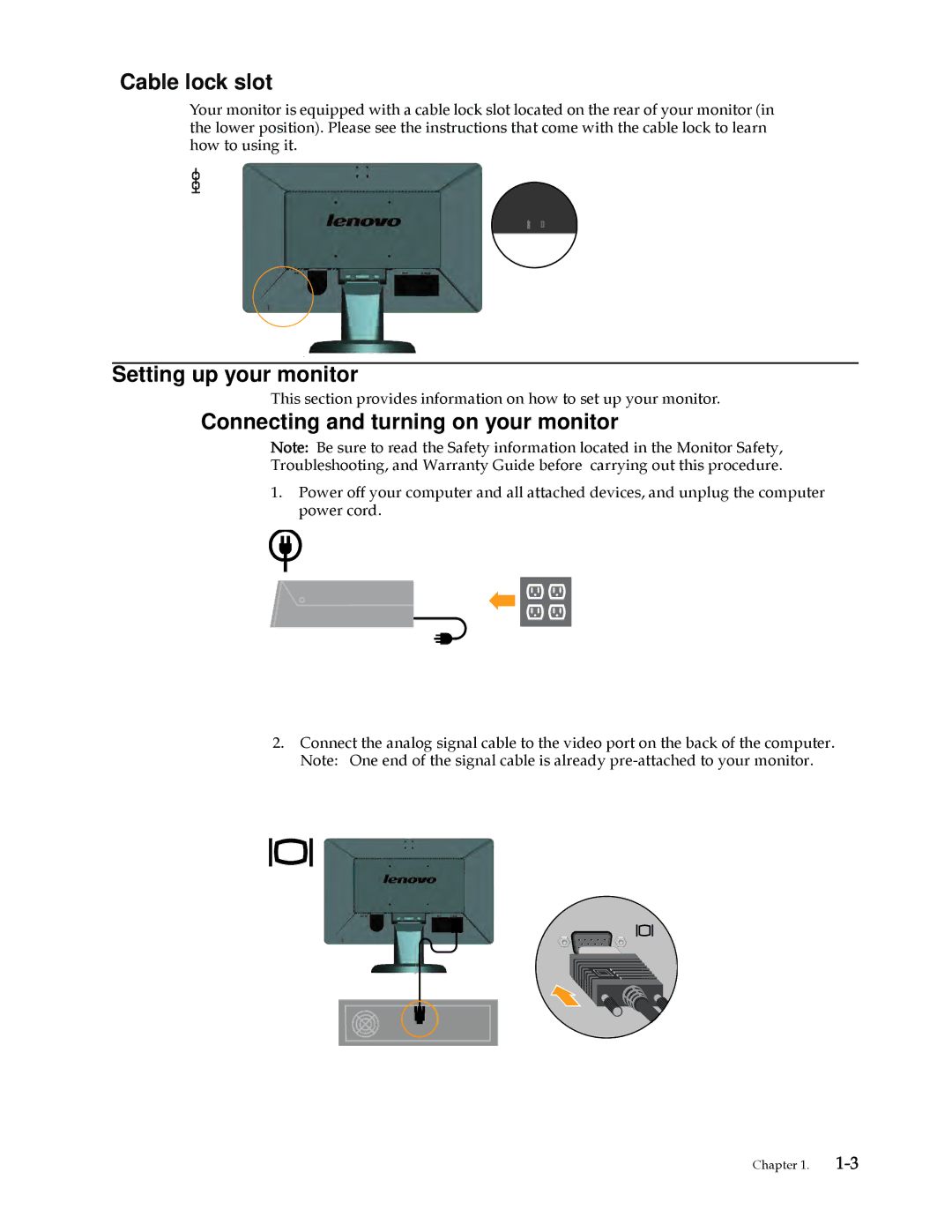 Lenovo D185 manual Cable lock slot, Setting up your monitor, Connecting and turning on your monitor 