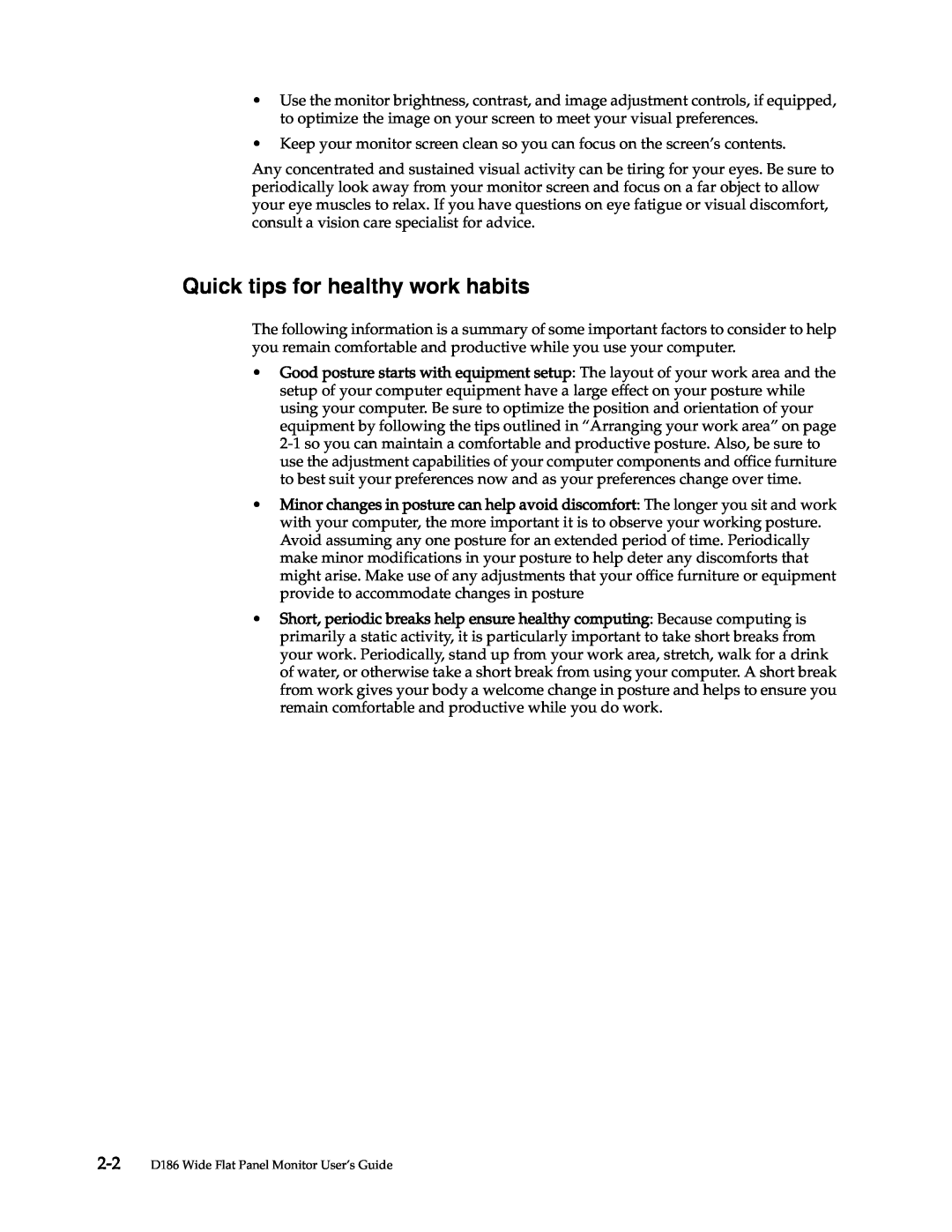 Lenovo manual Quick tips for healthy work habits, 2-2 D186 Wide Flat Panel Monitor User’s Guide 