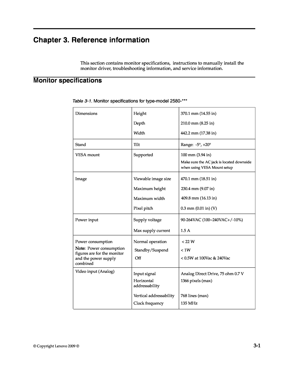 Lenovo D186 manual Reference information, 1. Monitor specifications for type-model 