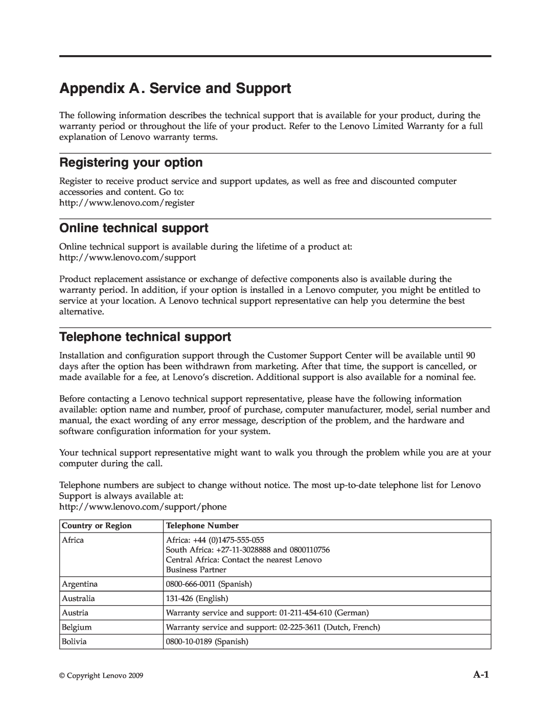 Lenovo D186 manual Appendix A. Service and Support, Registering your option, Online technical support, A-13 