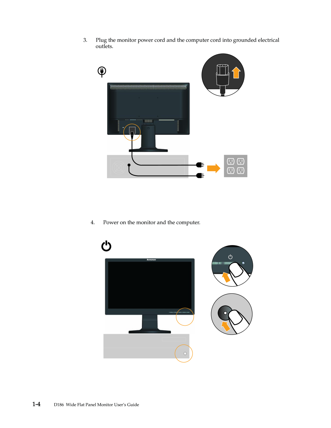 Lenovo manual Power on the monitor and the computer, 1-4 D186 Wide Flat Panel Monitor User’s Guide 