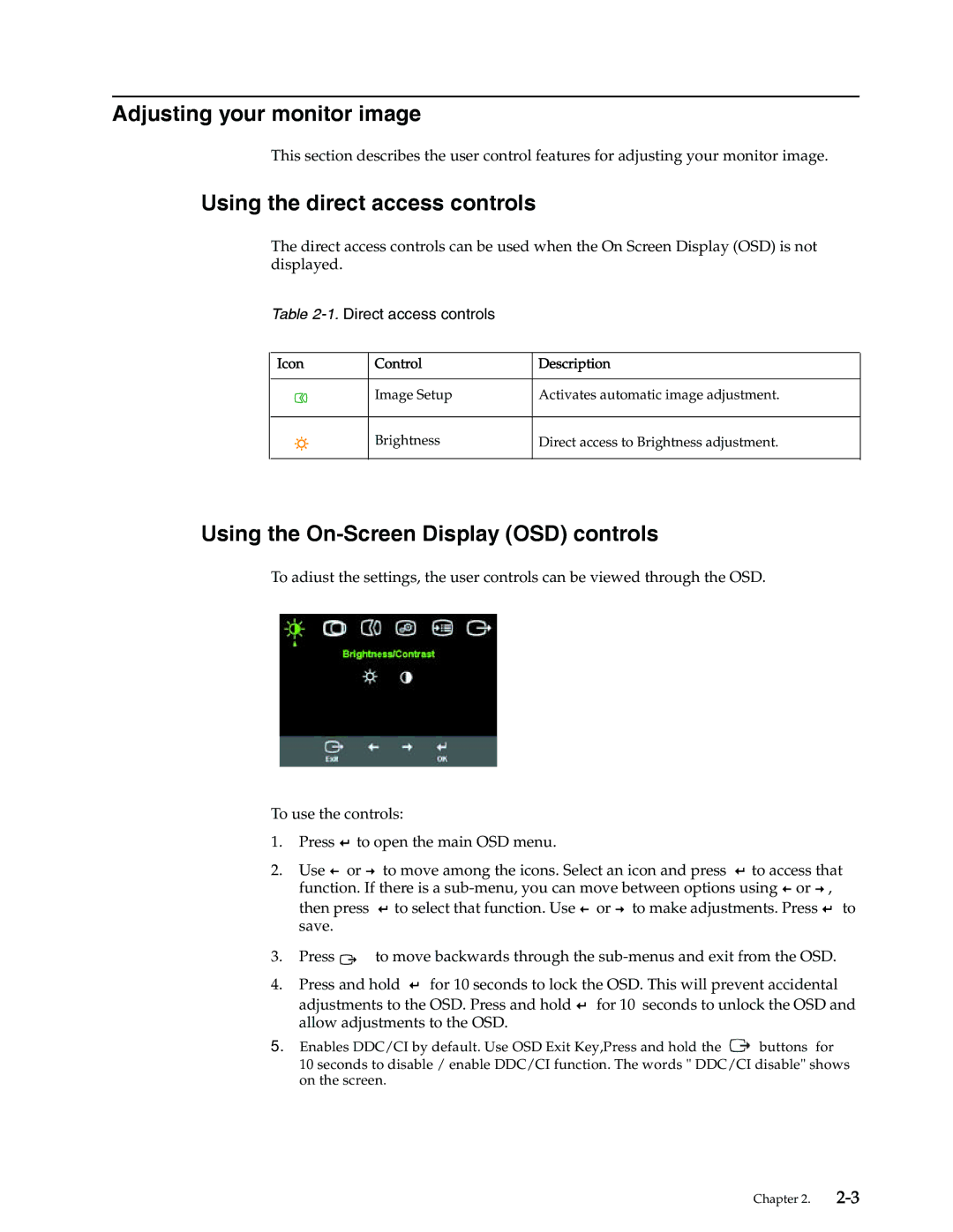 Lenovo D186 manual Adjusting your monitor image, Using the direct access controls, Using the On-Screen Display OSD controls 