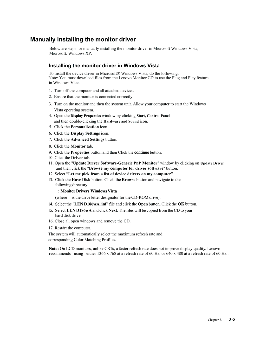 Lenovo D186 manual Manually installing the monitor driver 