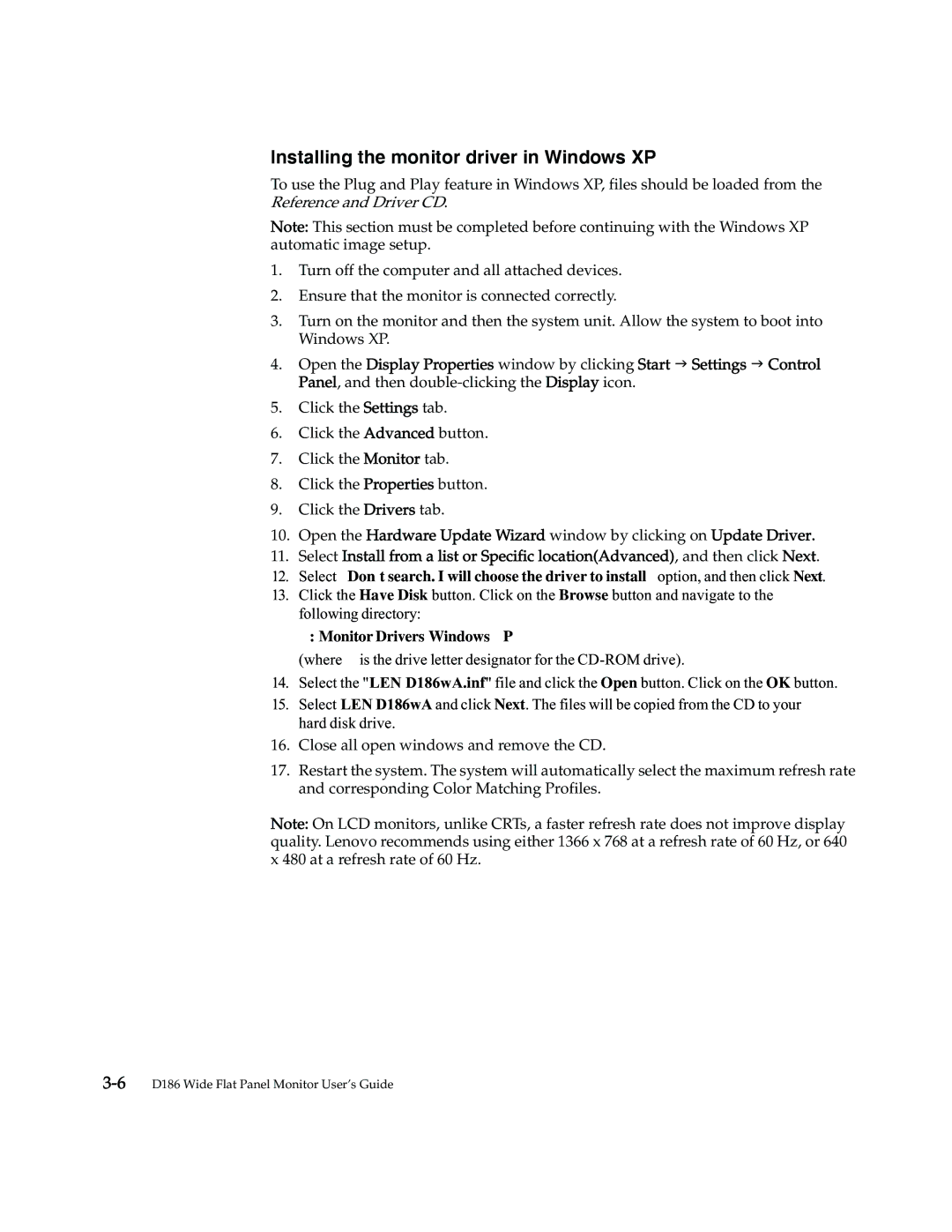 Lenovo D186 manual Installing the monitor driver in Windows XP 