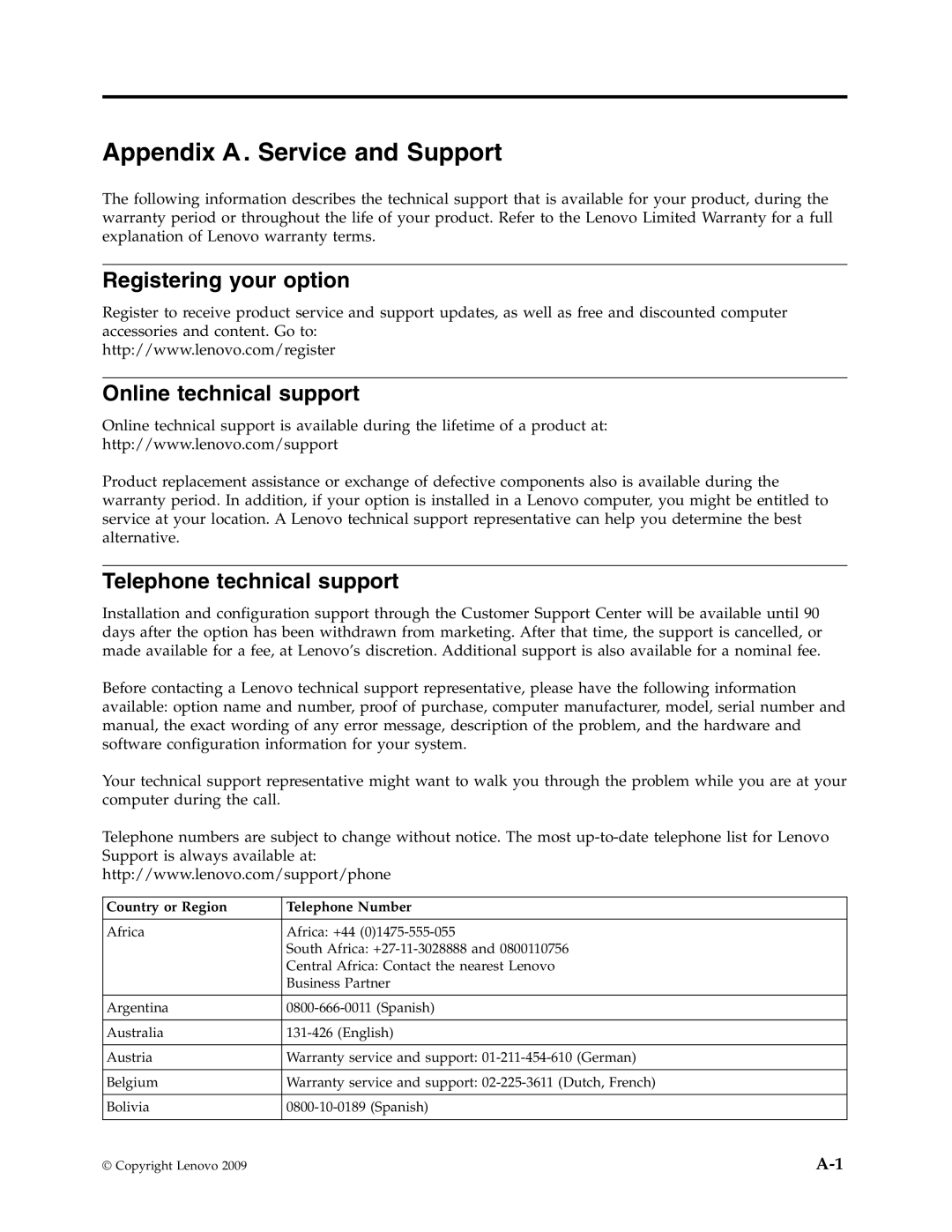 Lenovo D186 manual Appendix A. Service and Support, Registering your option, Online technical support 