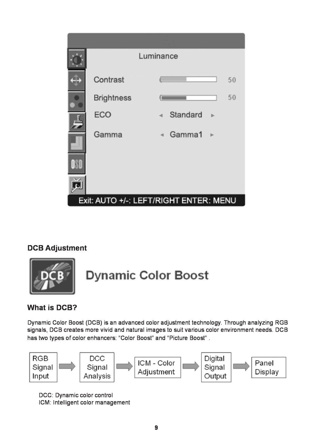 Lenovo D1960 manual DCB Adjustment What is DCB?, has two types of color enhancers “Color Boost” and “Picture Boost” 