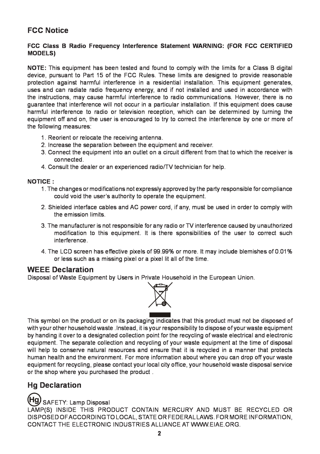 Lenovo D1960 manual FCC Notice, WEEE Declaration, Hg Declaration 