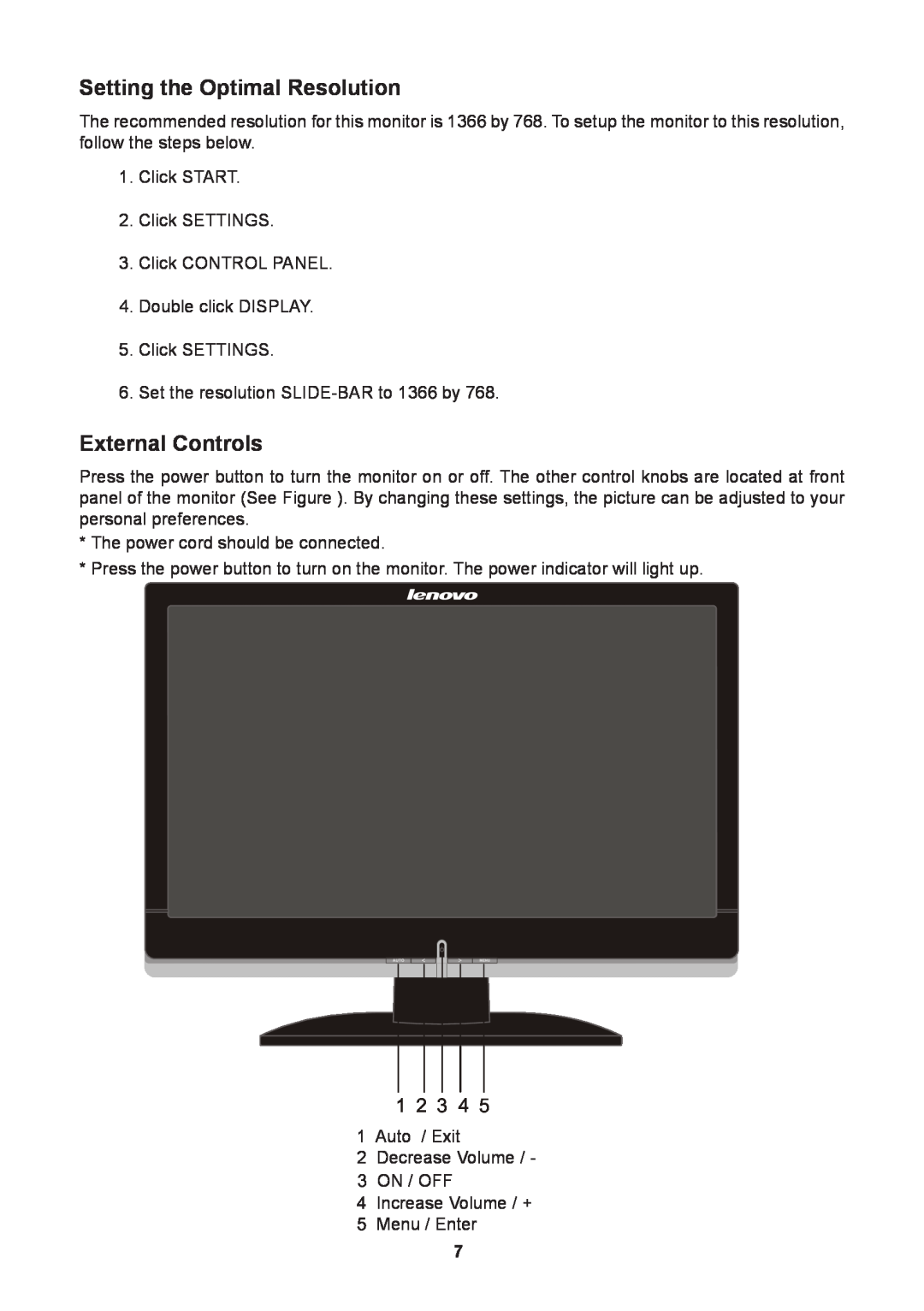 Lenovo D1960 manual Setting the Optimal Resolution, External Controls, 1 2 