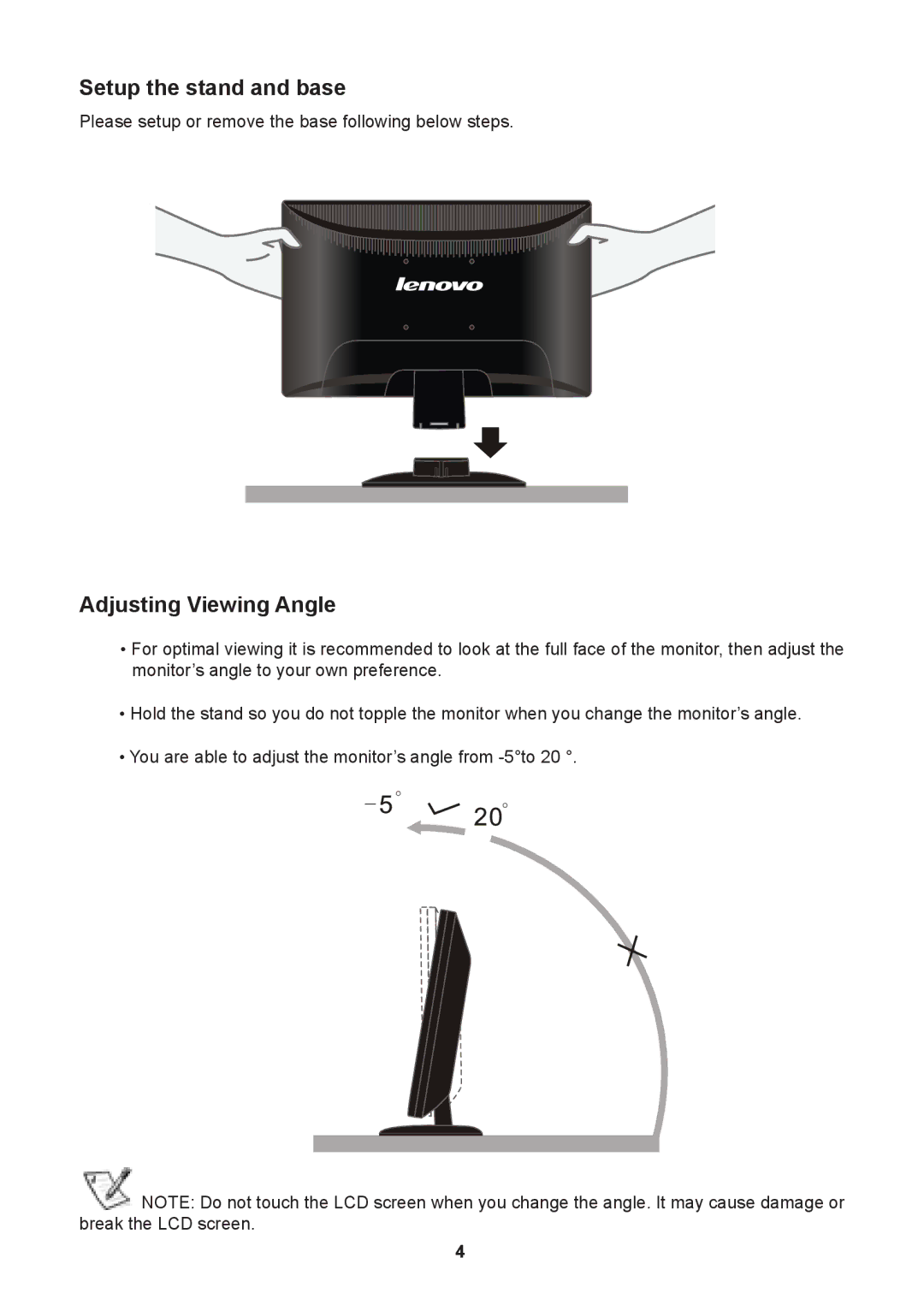 Lenovo D1960 manual Setup the stand and base, Adjusting Viewing Angle 