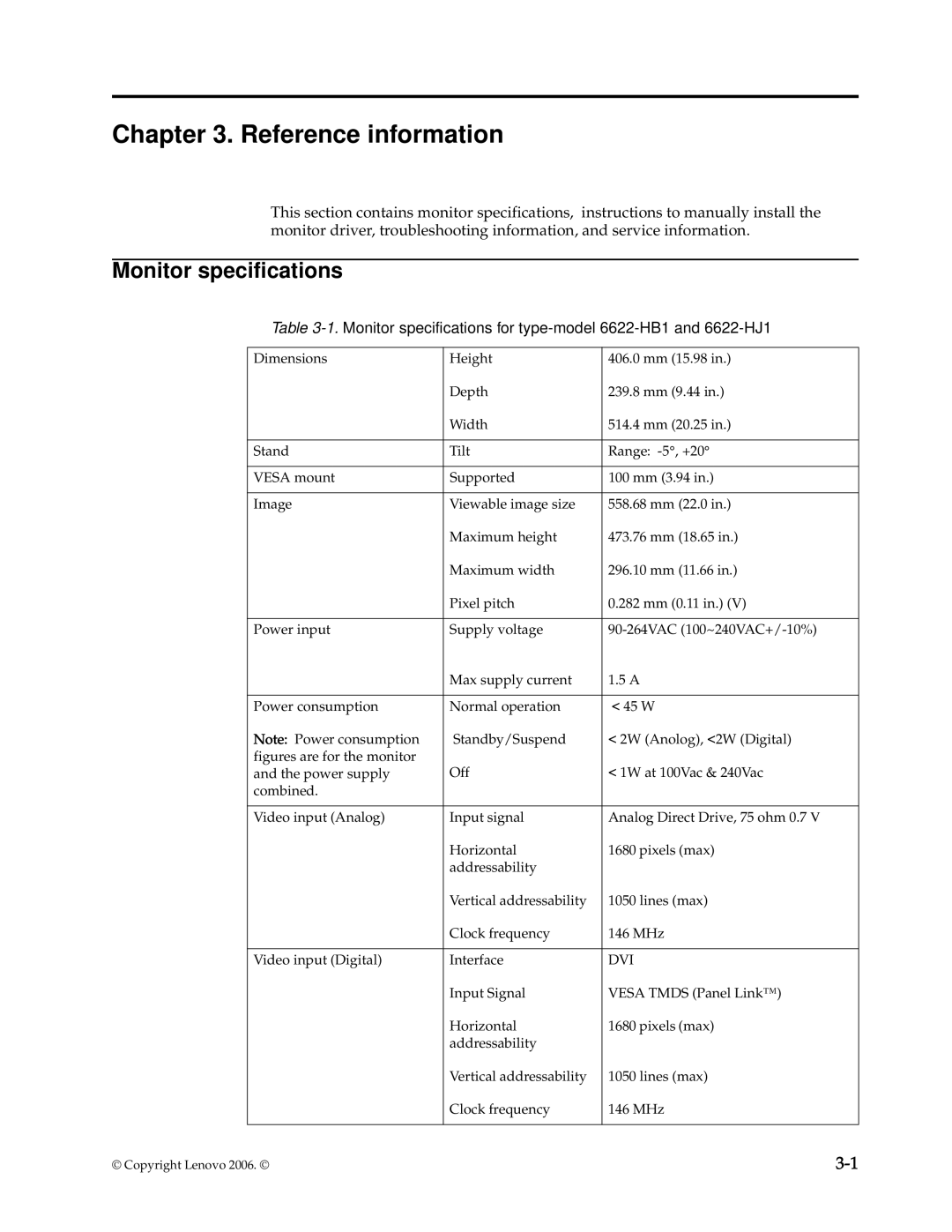 Lenovo D221 manual Reference information, Monitor specifications for type-model 6622-HB1 and 6622-HJ1 