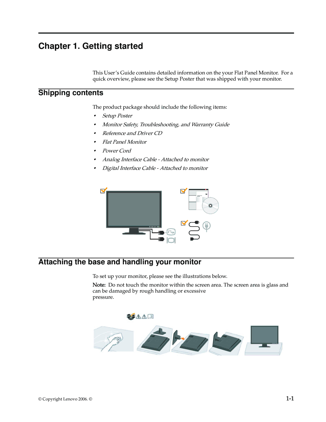 Lenovo D221 manual Getting started, Shipping contents, Attaching the base and handling your monitor 