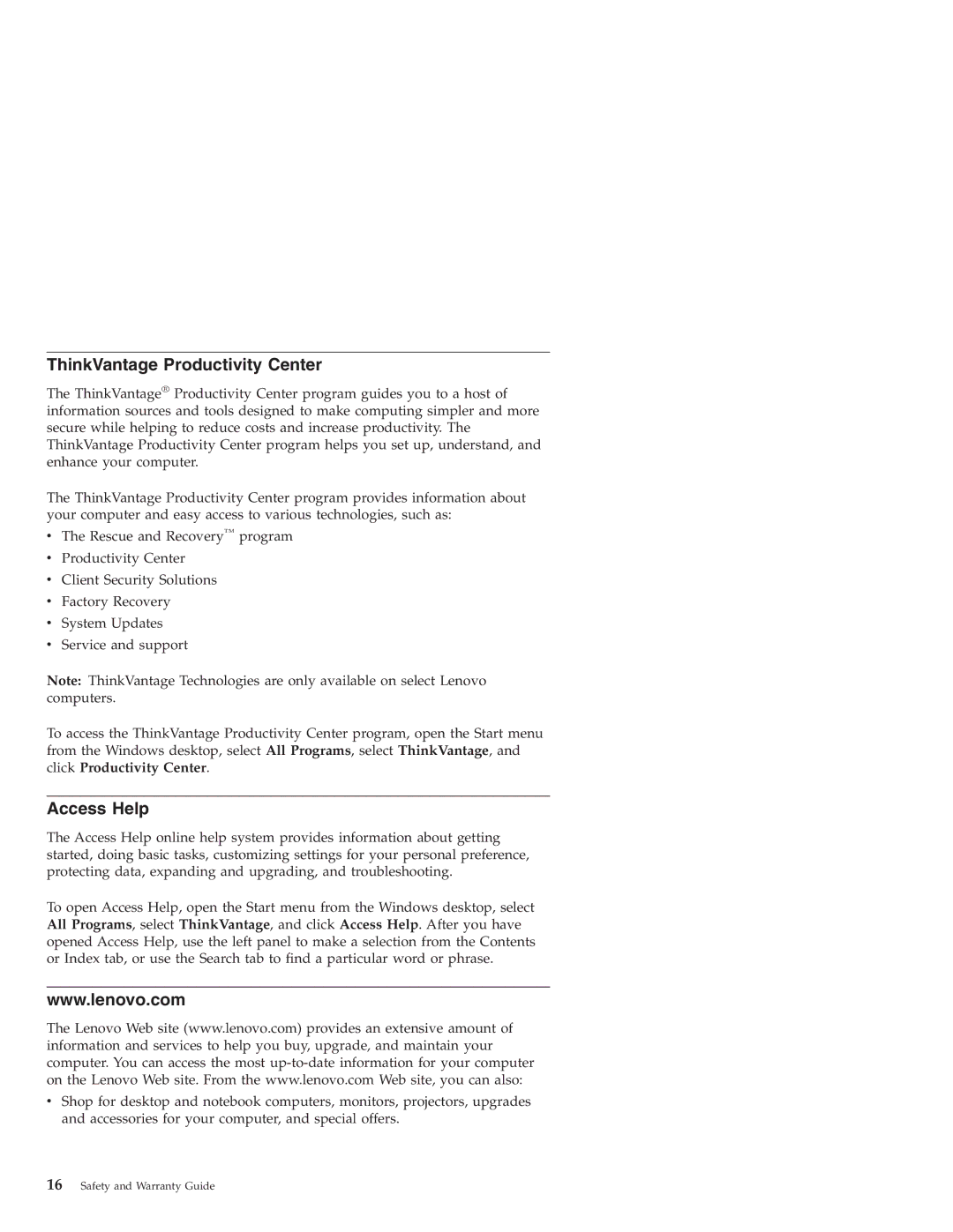 Lenovo Desktop PC warranty ThinkVantage Productivity Center, Access Help 