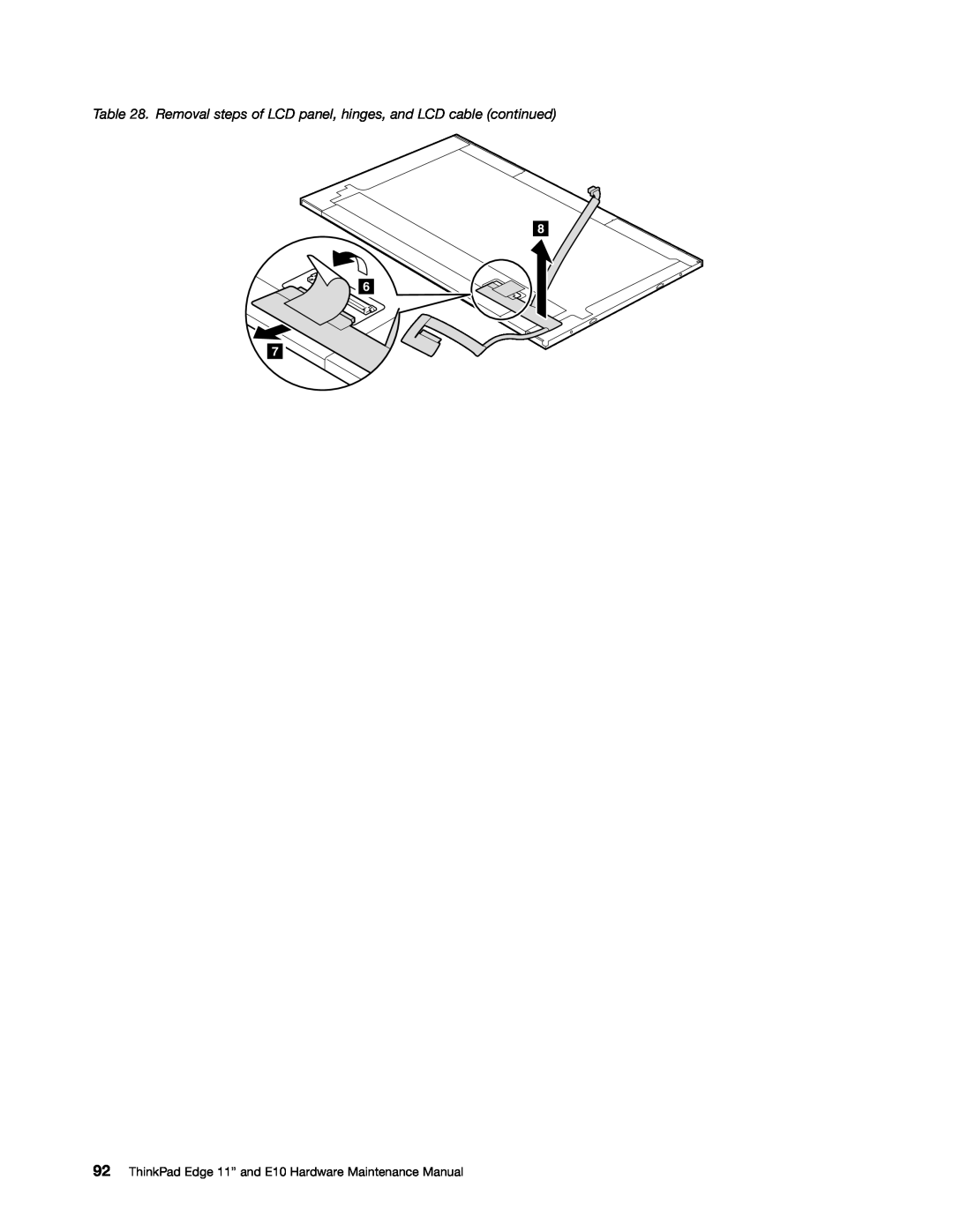 Lenovo E10 manual Removal steps of LCD panel, hinges, and LCD cable continued 