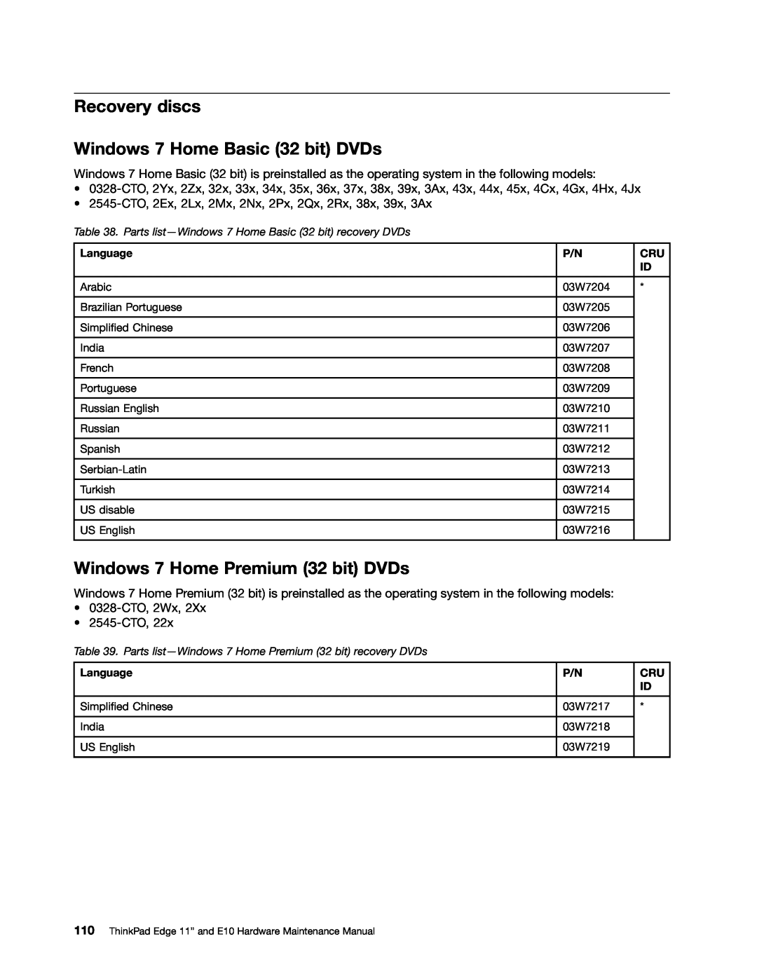 Lenovo E10 manual Recovery discs Windows 7 Home Basic 32 bit DVDs, Windows 7 Home Premium 32 bit DVDs 