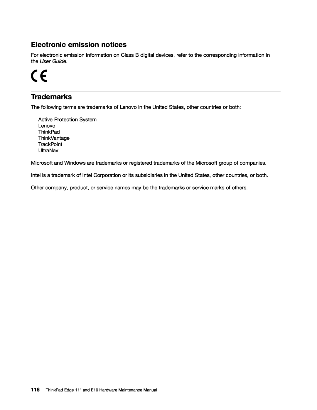 Lenovo E10 manual Electronic emission notices, Trademarks 