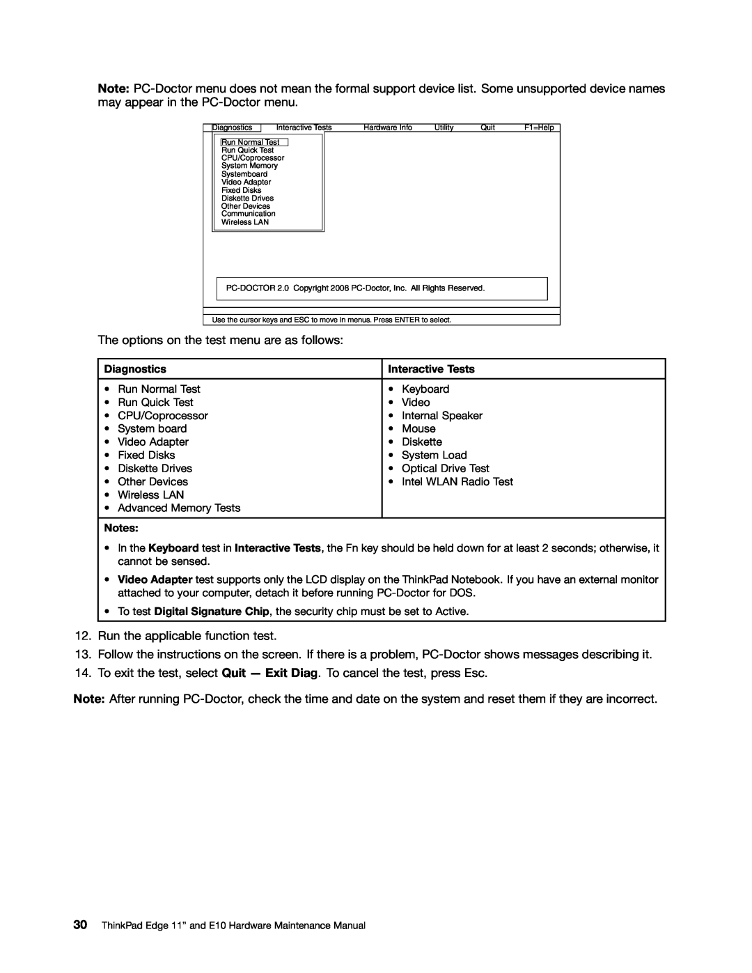 Lenovo E10 manual The options on the test menu are as follows 