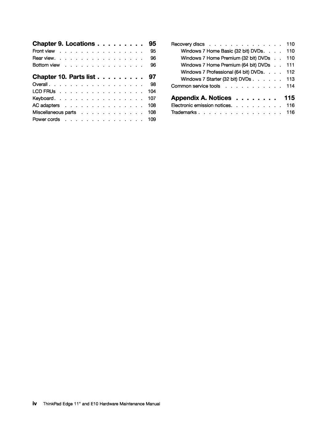 Lenovo manual Locations, Parts list, Appendix A. Notices, iv ThinkPad Edge 11” and E10 Hardware Maintenance Manual 