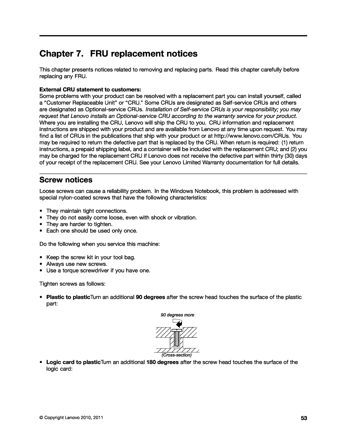 Lenovo E10 manual FRU replacement notices, Screw notices, External CRU statement to customers 