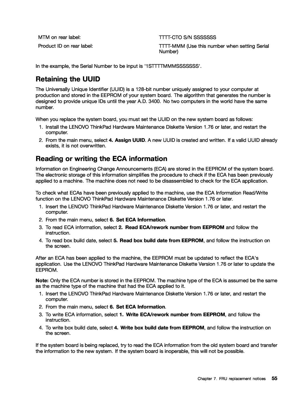 Lenovo E10 manual Retaining the UUID, Reading or writing the ECA information, FRU replacement notices 