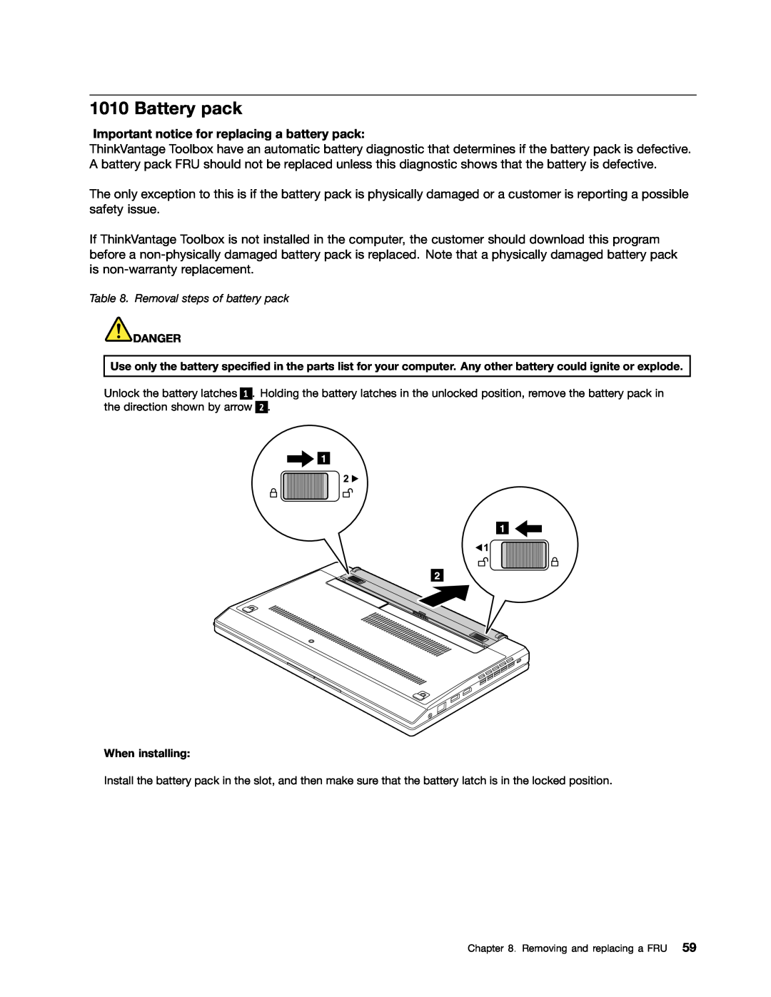 Lenovo E10 manual Battery pack, Important notice for replacing a battery pack 