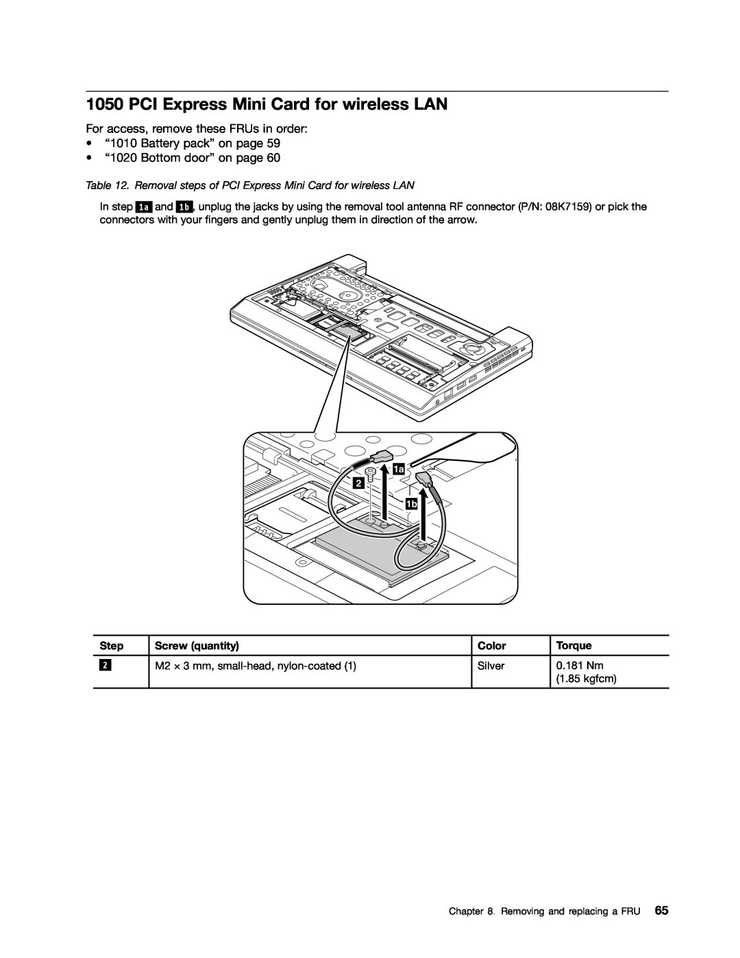 Lenovo E10 manual Removal steps of PCI Express Mini Card for wireless LAN 