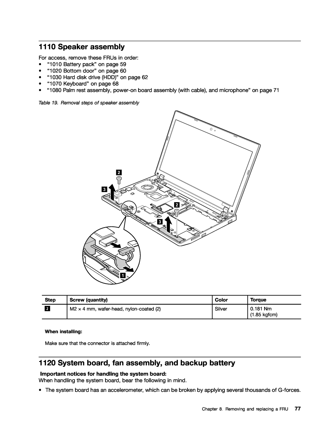 Lenovo E10 manual Speaker assembly, System board, fan assembly, and backup battery 