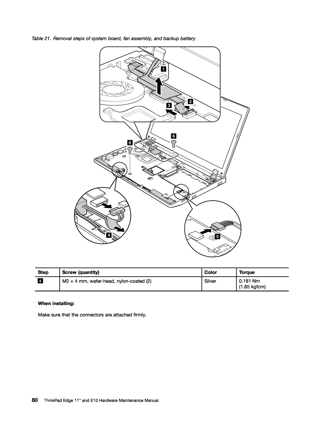 Lenovo E10 manual Step, Screw quantity, Color, Torque, When installing, kgfcm 