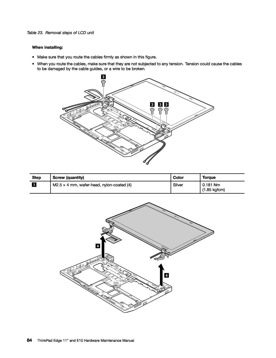 Lenovo manual Removal steps of LCD unit, ThinkPad Edge 11” and E10 Hardware Maintenance Manual 