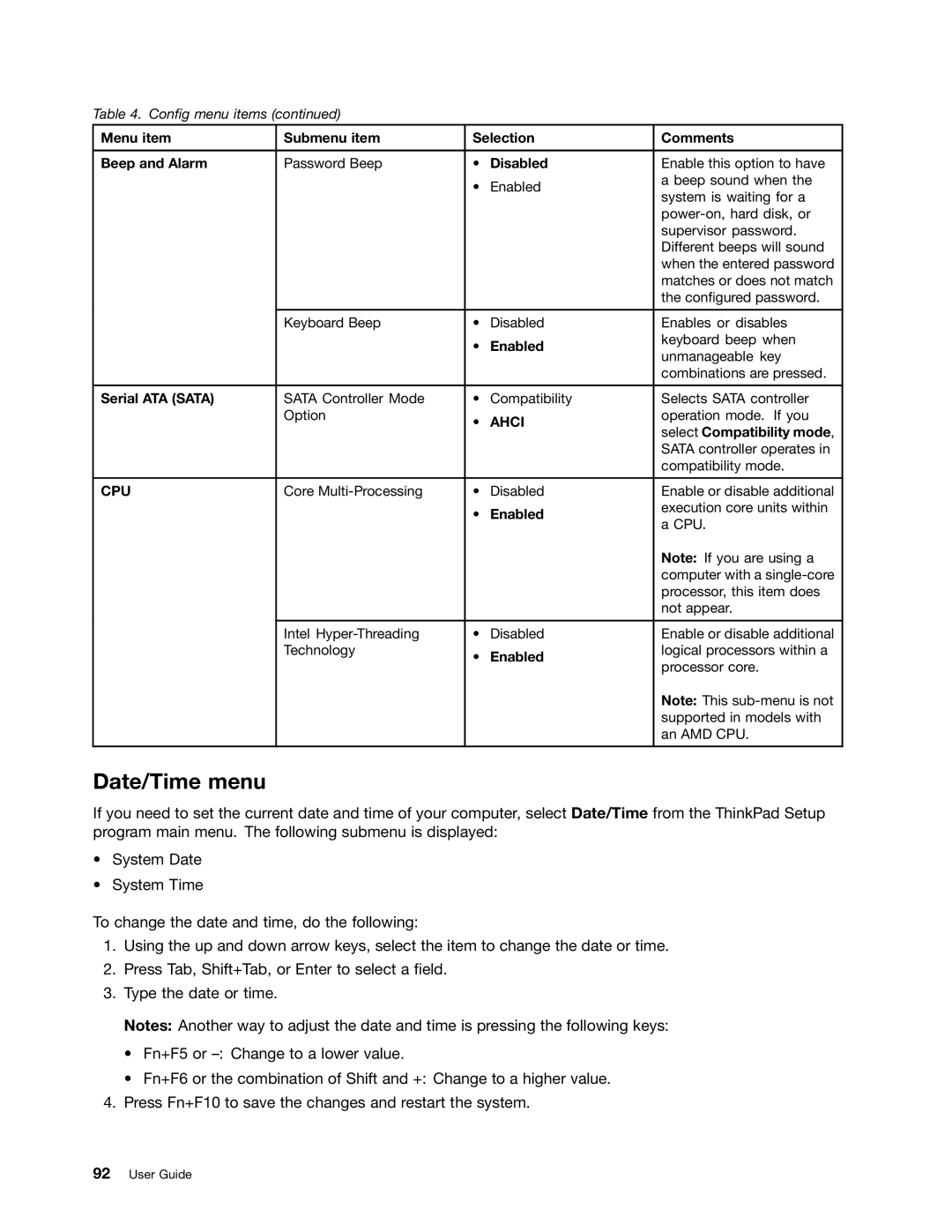 Lenovo E130, E135 manual Date/Time menu, Menu item Submenu item Selection Comments Beep and Alarm, Serial ATA Sata 