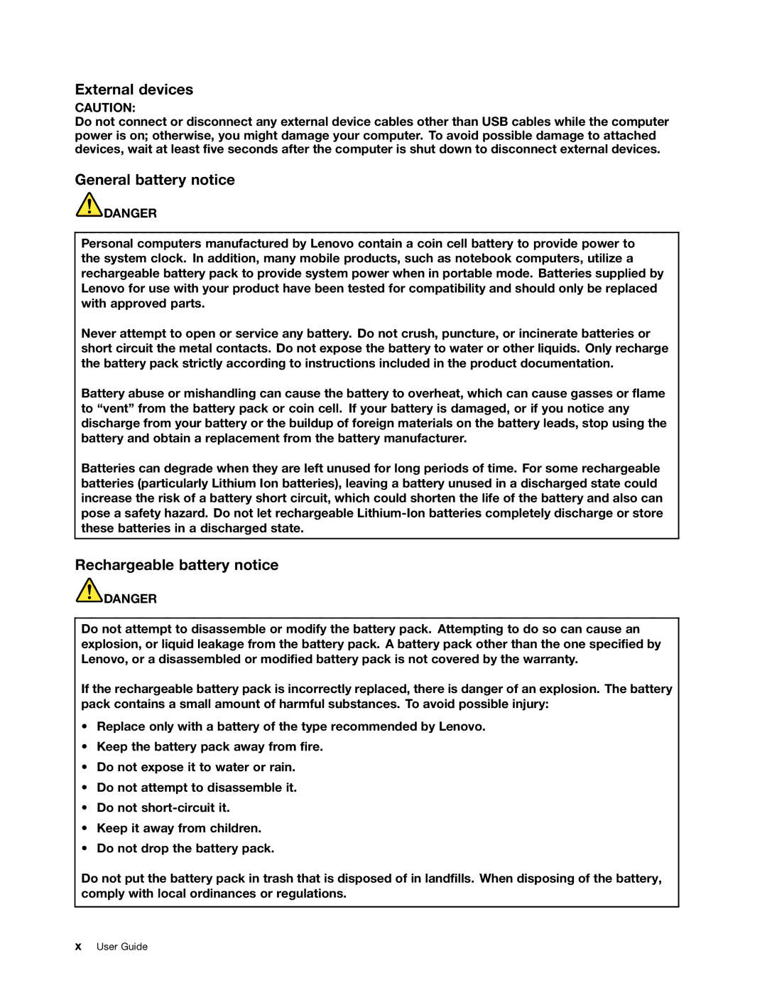 Lenovo E130, E135 manual External devices, General battery notice, Rechargeable battery notice 