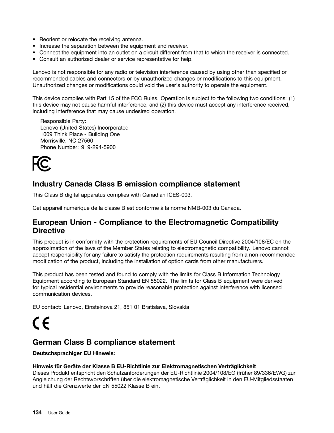 Lenovo E130, E135 manual Industry Canada Class B emission compliance statement, German Class B compliance statement 