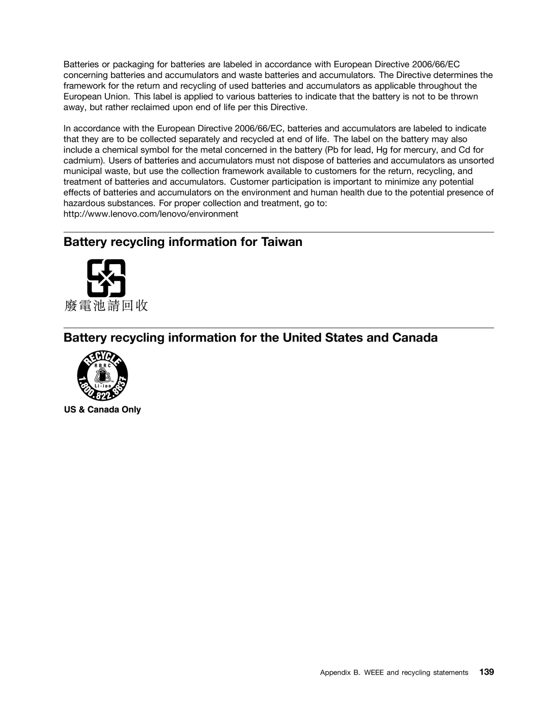 Lenovo E135, E130 manual Appendix B. Weee and recycling statements 