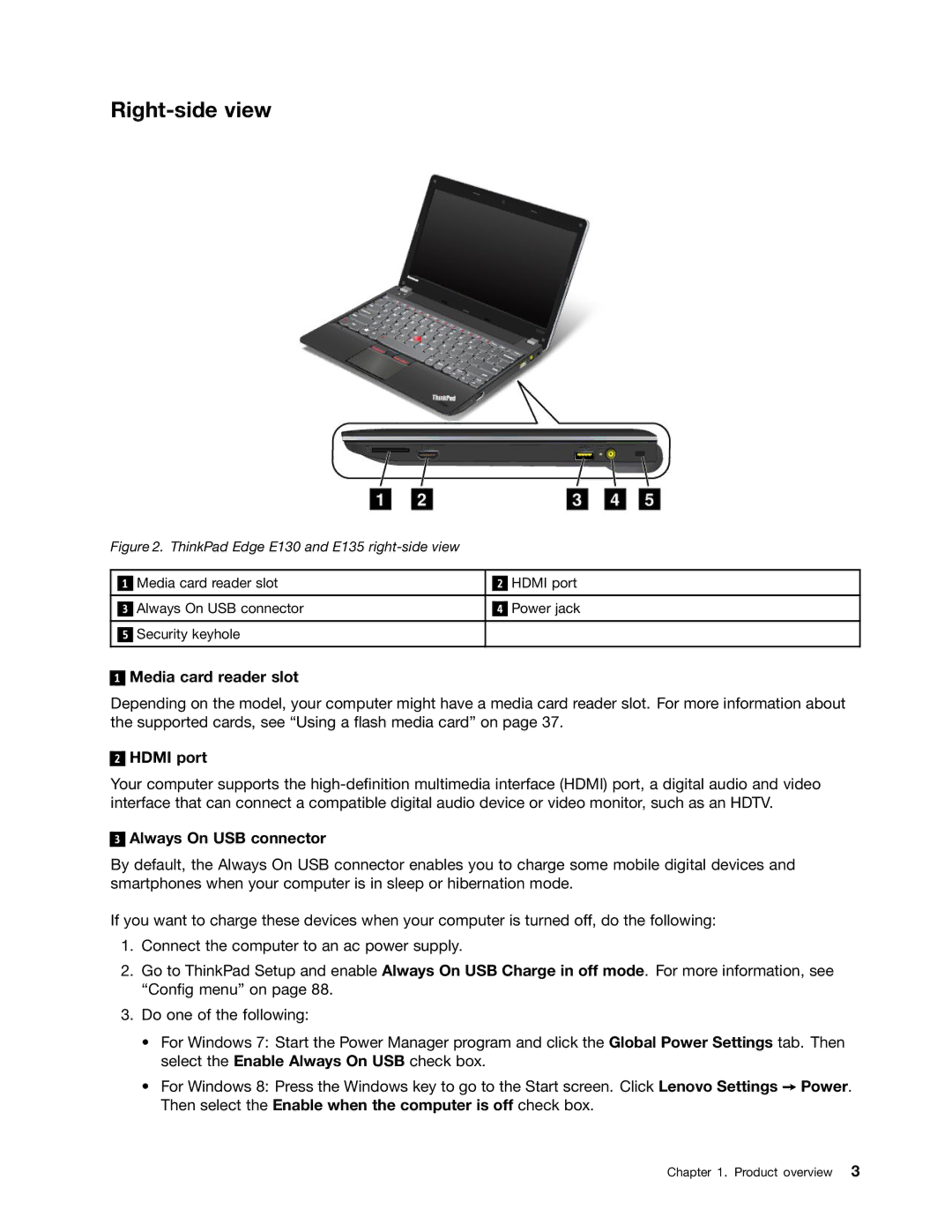 Lenovo E135, E130 manual Right-side view, Media card reader slot, Hdmi port, Always On USB connector 