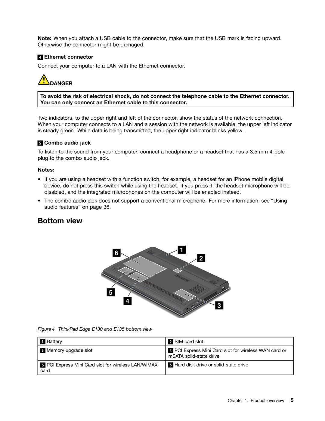 Lenovo E135, E130 manual Bottom view, Ethernet connector, Combo audio jack 