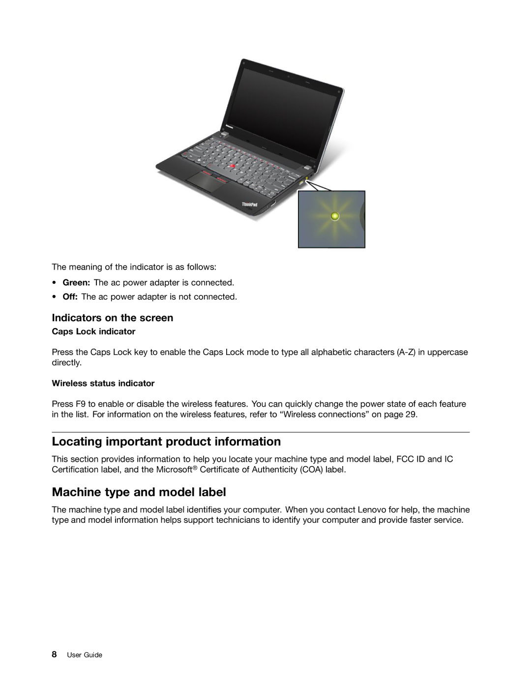 Lenovo E130, E135 manual Locating important product information, Machine type and model label, Indicators on the screen 