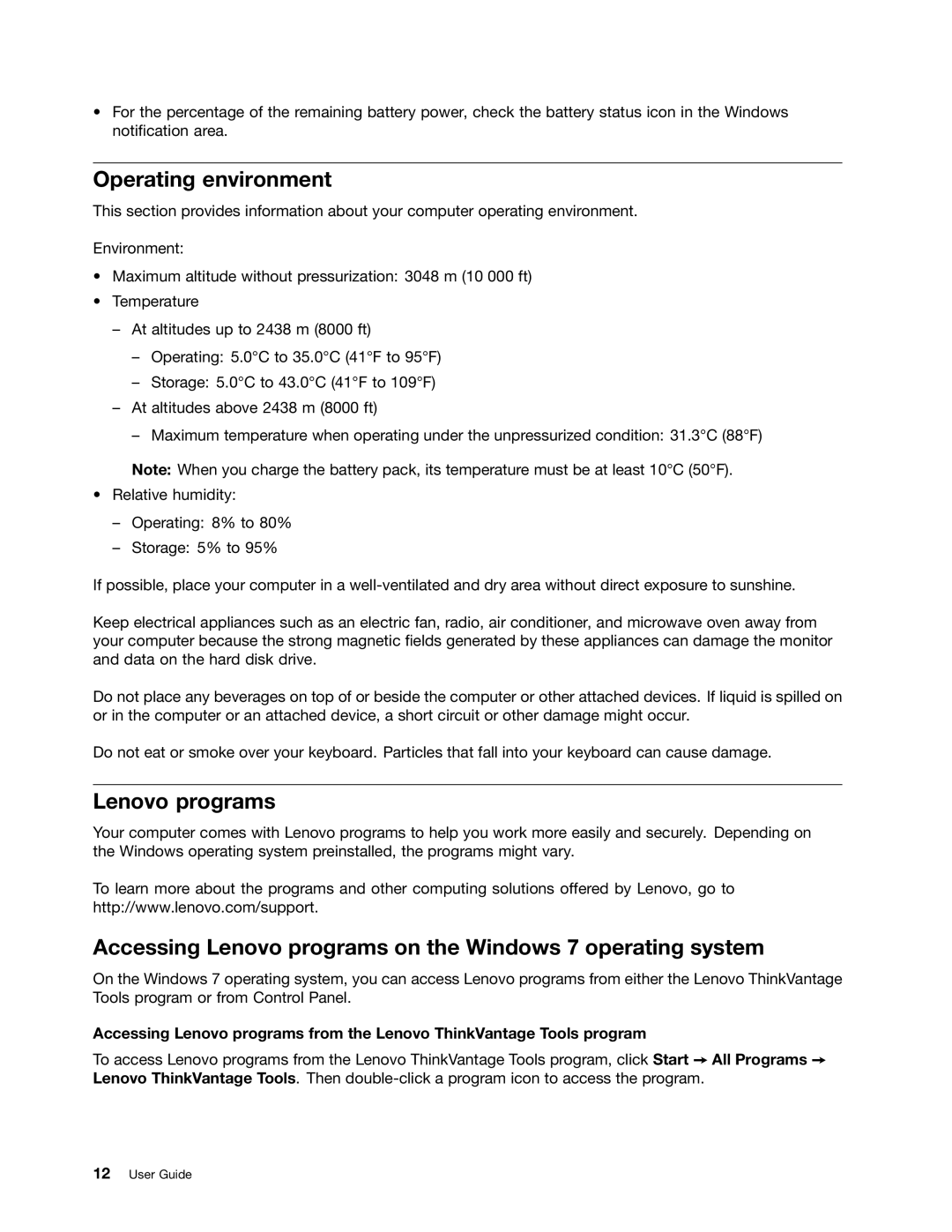 Lenovo E130, E135 manual Operating environment, Accessing Lenovo programs on the Windows 7 operating system 