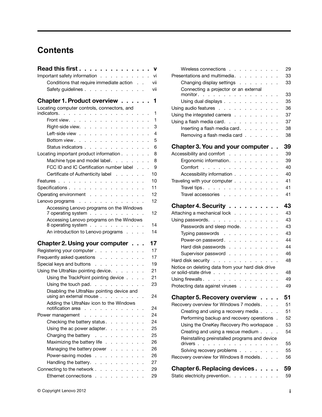 Lenovo E135, E130 manual Contents 