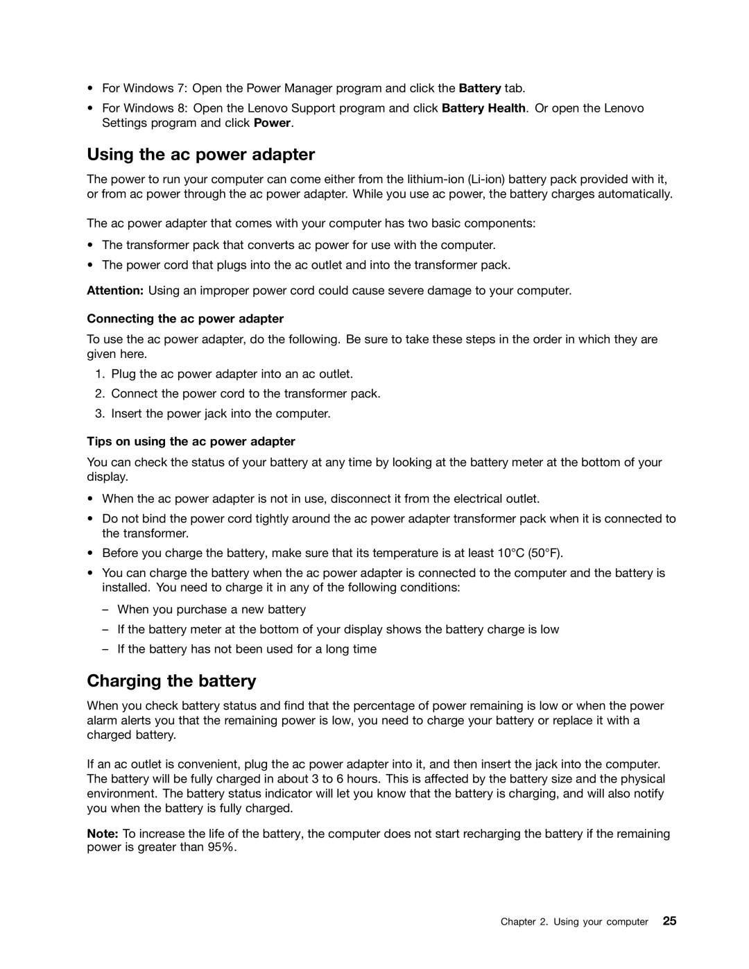 Lenovo E135, E130 manual Using the ac power adapter, Charging the battery, Connecting the ac power adapter 