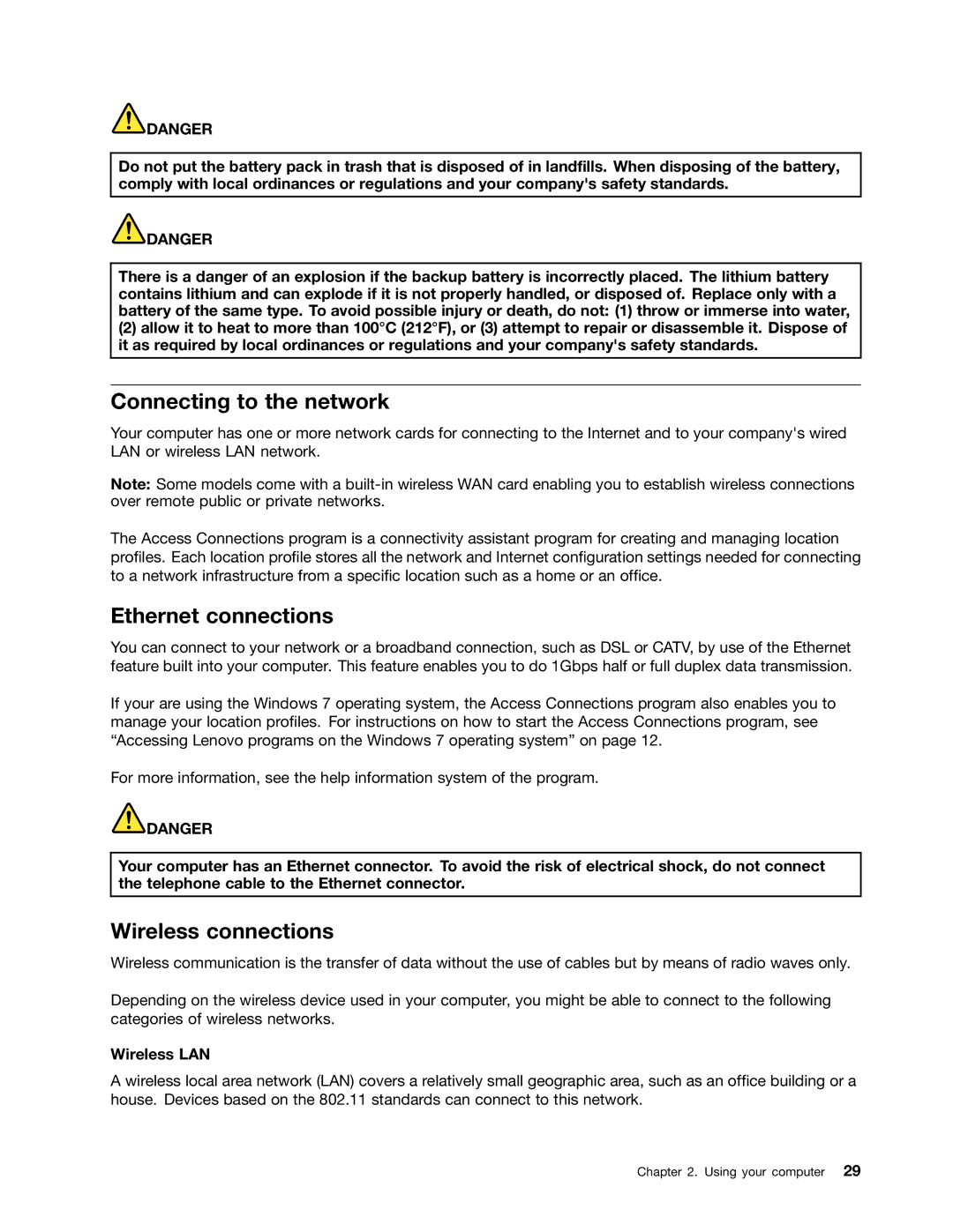 Lenovo E135, E130 manual Connecting to the network, Ethernet connections, Wireless connections, Wireless LAN 