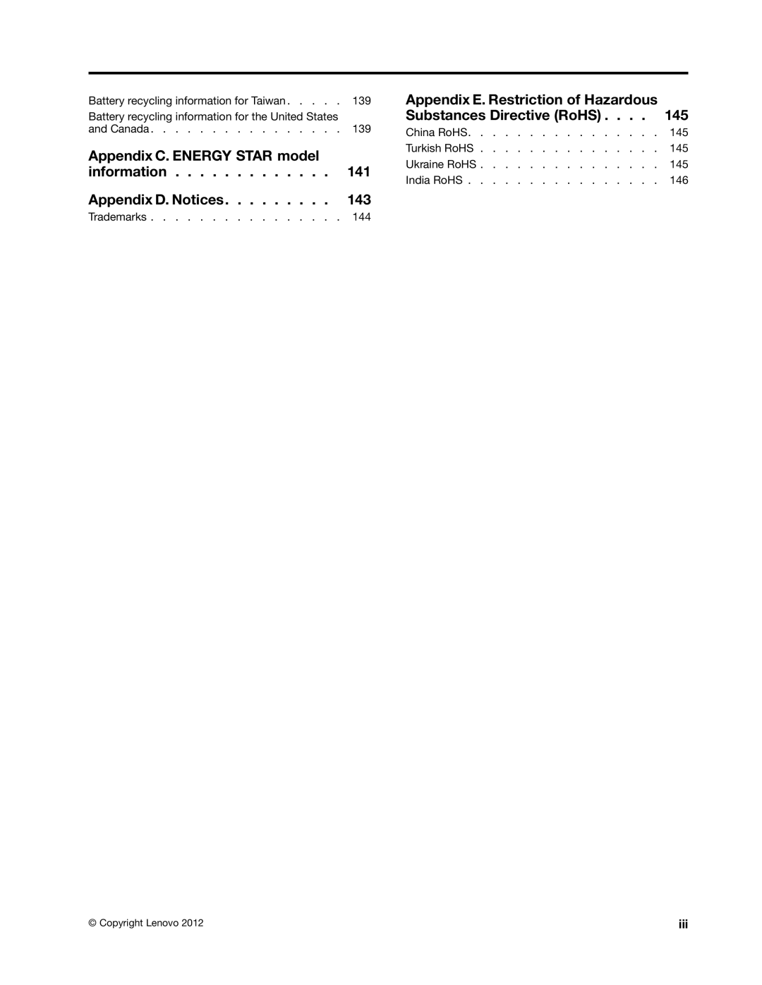 Lenovo E135, E130 manual Trademarks 144, Iii 