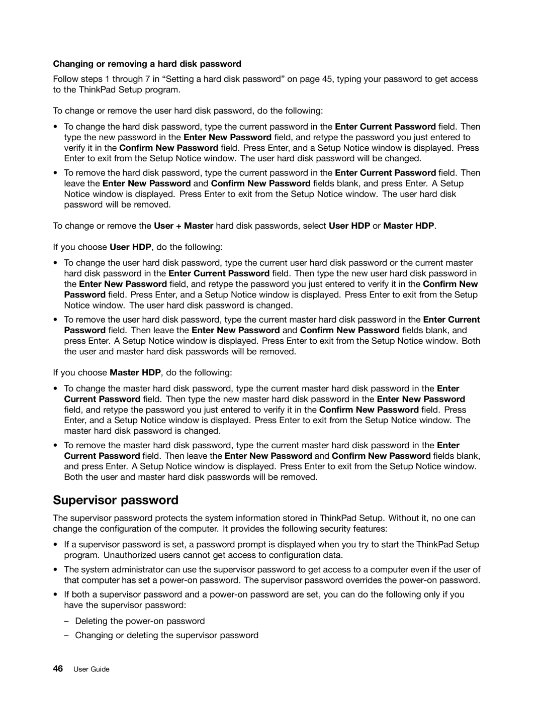 Lenovo E130, E135 manual Supervisor password, Changing or removing a hard disk password 