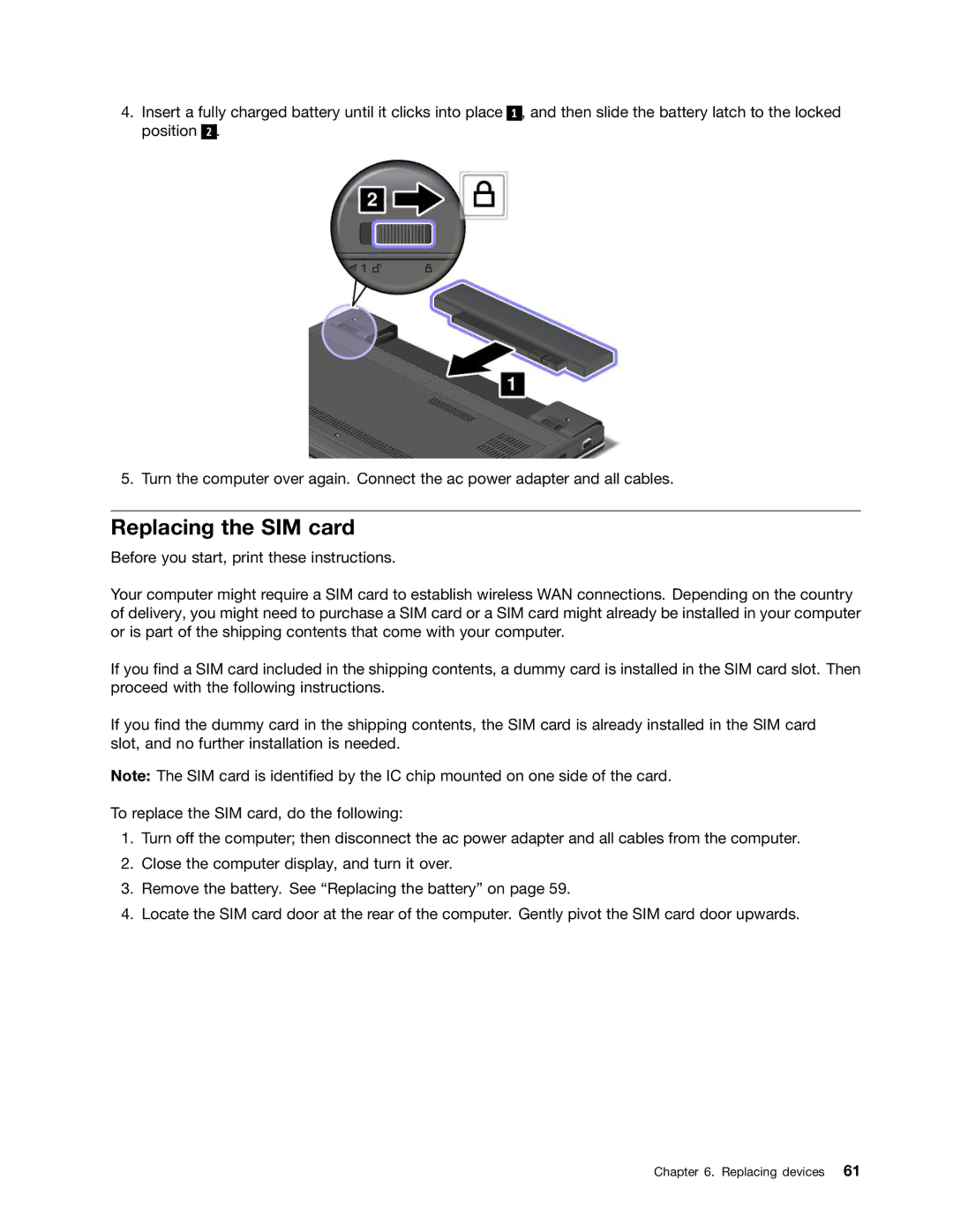 Lenovo E135, E130 manual Replacing the SIM card 