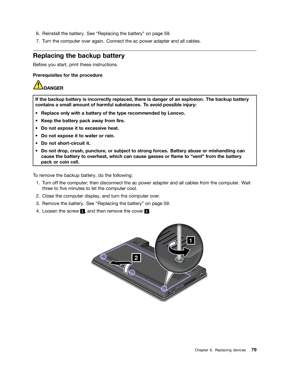 Lenovo E135, E130 manual Replacing the backup battery 