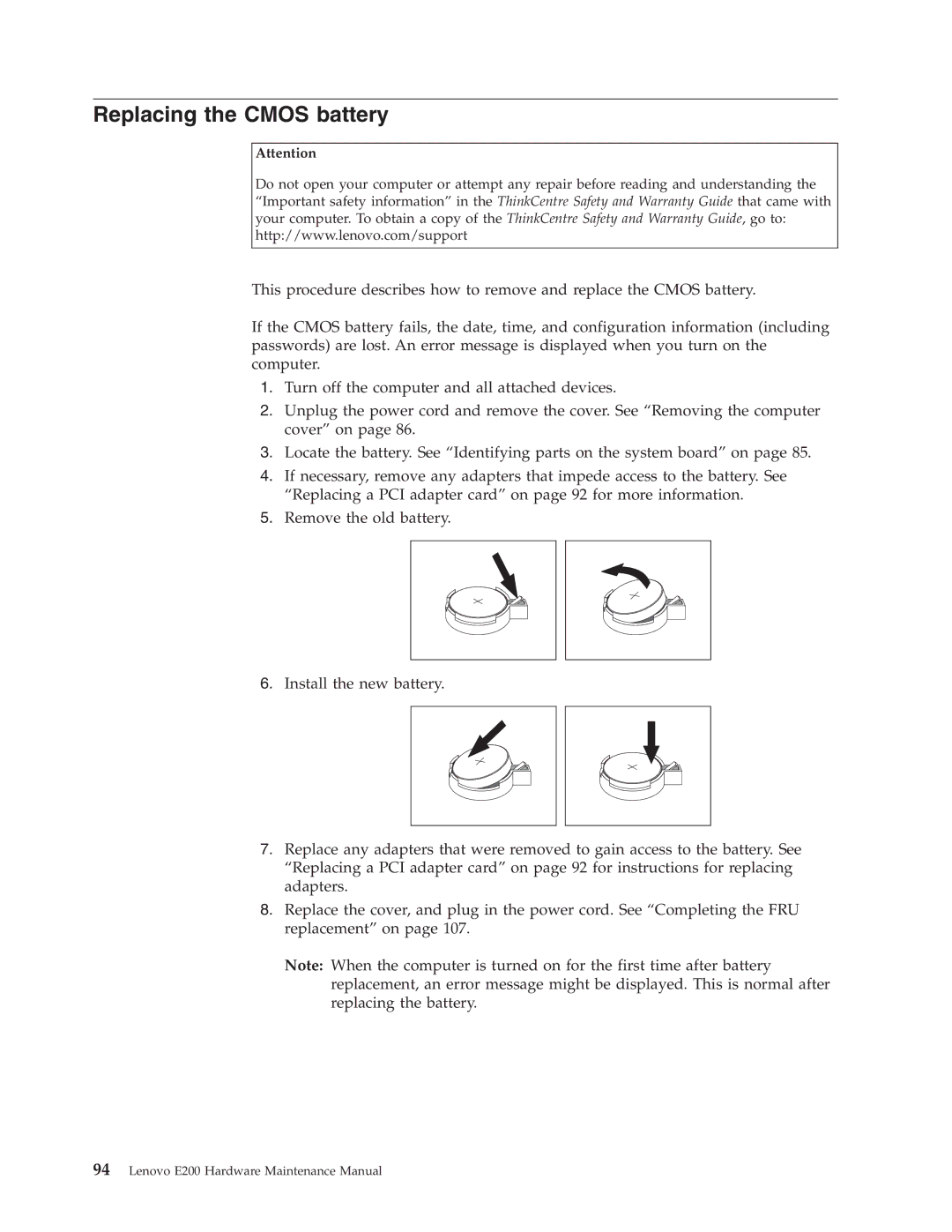 Lenovo E200 manual Replacing the Cmos battery 