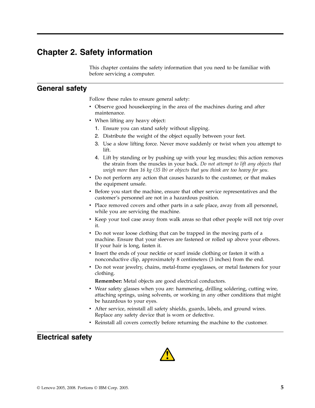Lenovo E200 manual Safety information, General safety, Electrical safety 